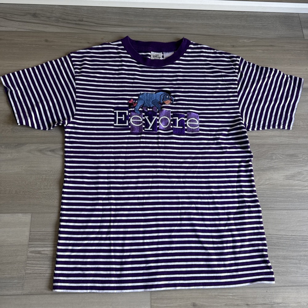 Vintage The Disney Store Purple Striped Embroidered Eeyore T-shirt Size Medium